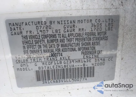 2020 Nissan Versa S Xtronic Cvt из США, поврежденный, VIN 3N1CN8DV1LL900774